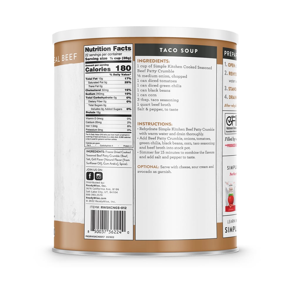 ReadyWise - Simple KitchenFreeze-Dried Seasoned Beef Patty Crumbles - 22 Serving #10 Can