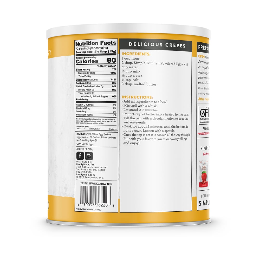 ReadyWise - Simple Kitchen Powdered Eggs - 72 Serving #10 Can
